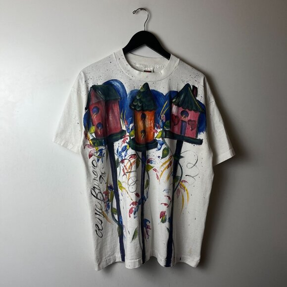 Vintage 90s Bird House Painted T Shirt Adult White XL Extra Large Single Stitch - Picture 8 of 13